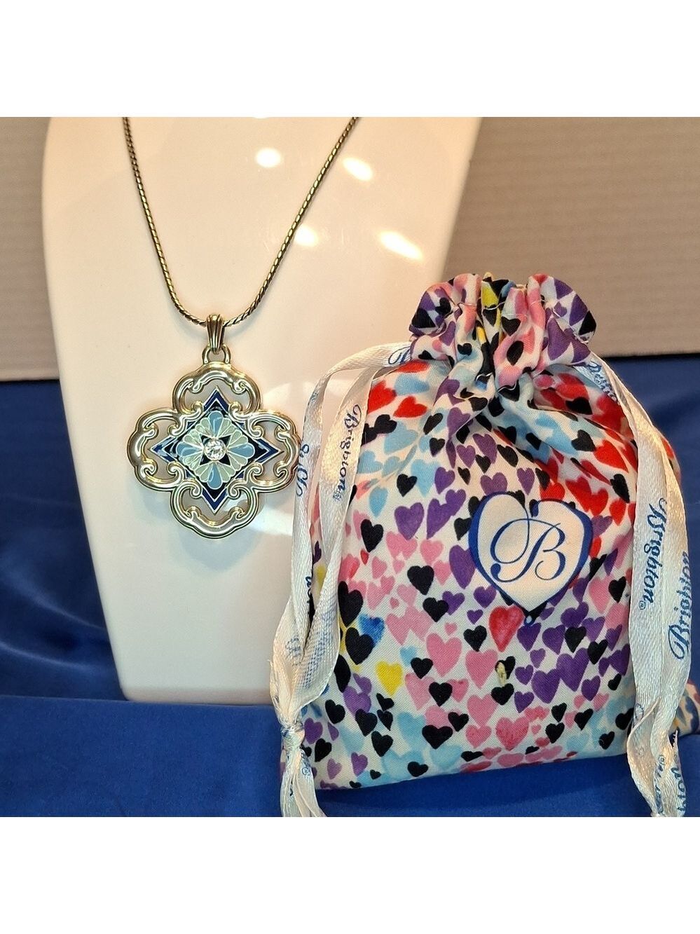 Brighton Silver and Blue Pendant Necklace 32"+ Extender With Dustbag